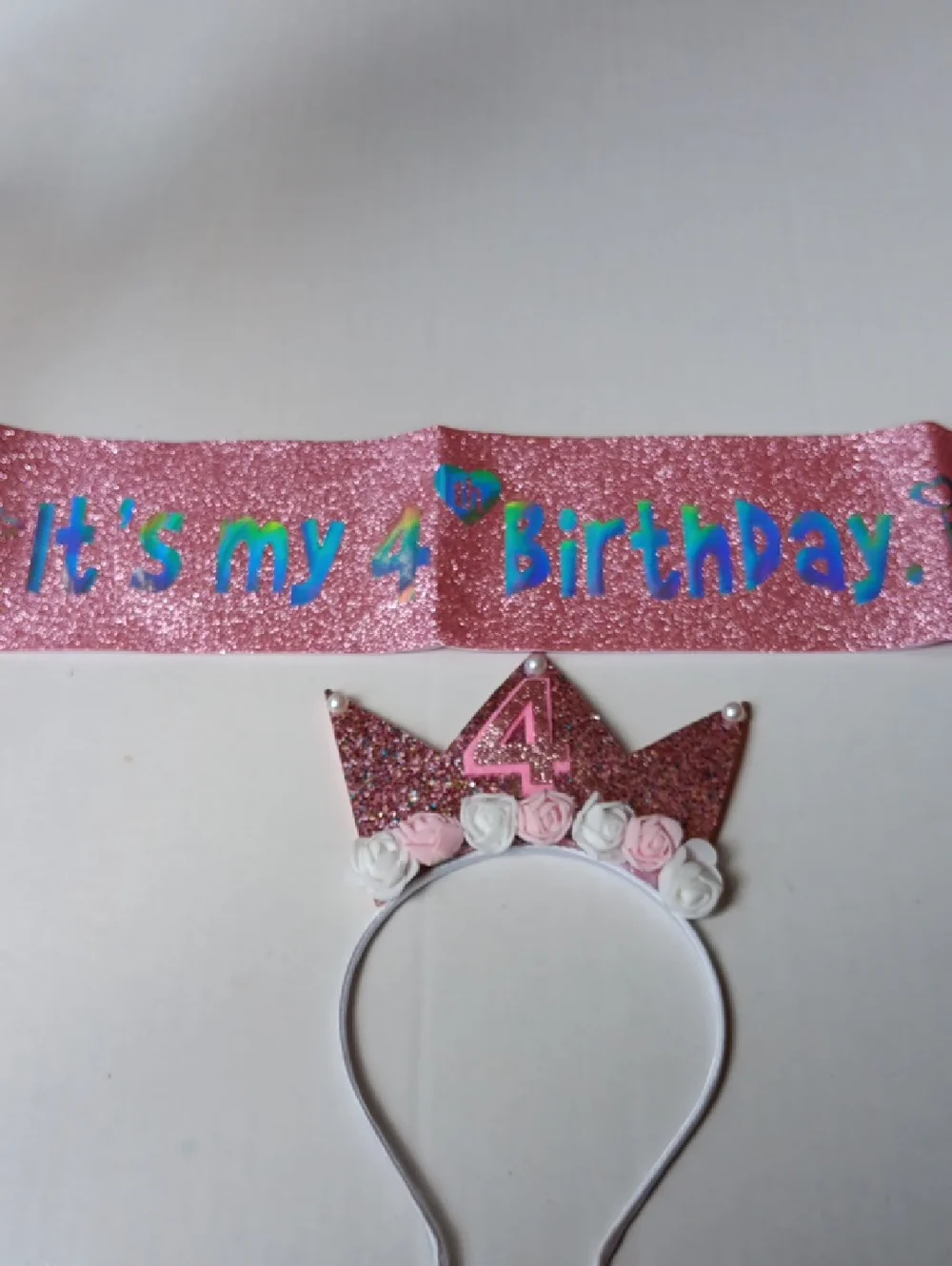 GIRLS  SPARKLE 'ITS MY 4TH BIRTHDAY' PINK CROWN WITH 4 HEADBAND & SASH SET